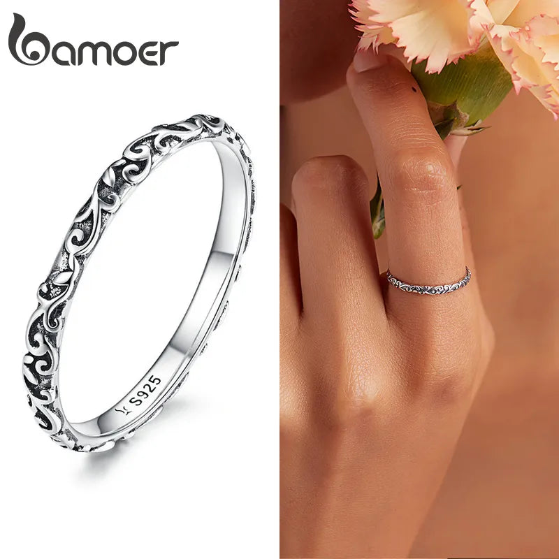 R-925 Sterling Silver Embossed Vintage Pattern Ring for Women Simple Silver Ring Fine Jewelry