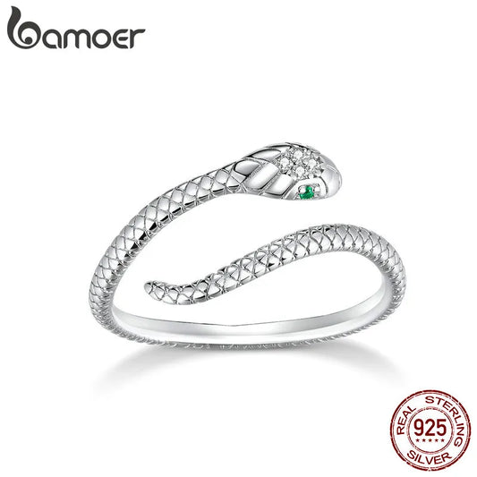 R-925 Sterling Silver Platinum Plated Adjustable Ring, Green Zircon Retro Textures Snake Ring