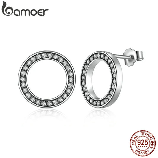 E-CZ 925 Sterling Silver Circle Round Stud Earrings with CZ Jewelry