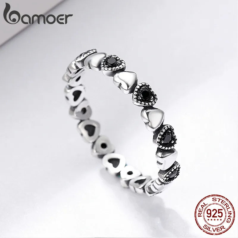 R-925 Sterling Silver Stackable Ring Heart Black CZ Finger Rings for Women Jewelry