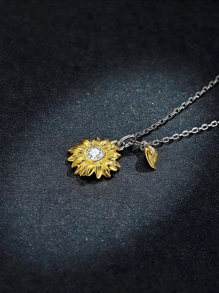 N-925 Sterling Silver Sunflower Necklace ,Gold Color Lucky Necklace Jewelry