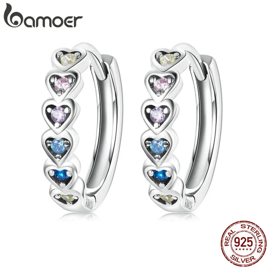 E-Heart-Shaped Earrings 925 Sterling Silver Stackable Rainbow Zircon Ear Buckles for Women & Girls Fine Jewelry