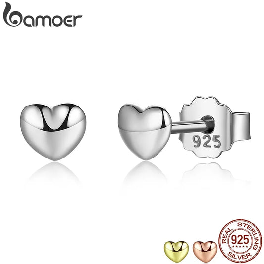 E-925 Sterling Silver Petite Plain Hearts Stud Earrings for Women ,Silver Small Earrings Fine Jewelry