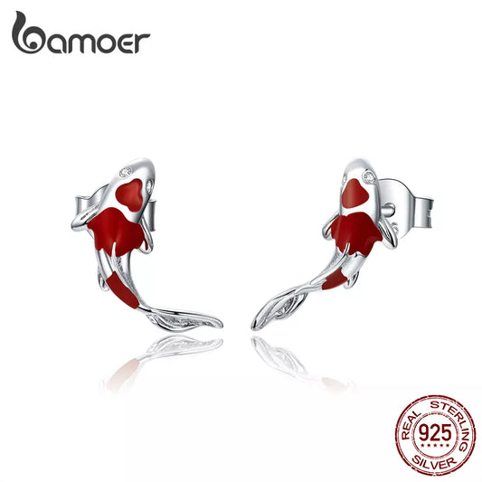 E-Fish Red Enamel Stud Earrings for Women 925 Sterling Silver