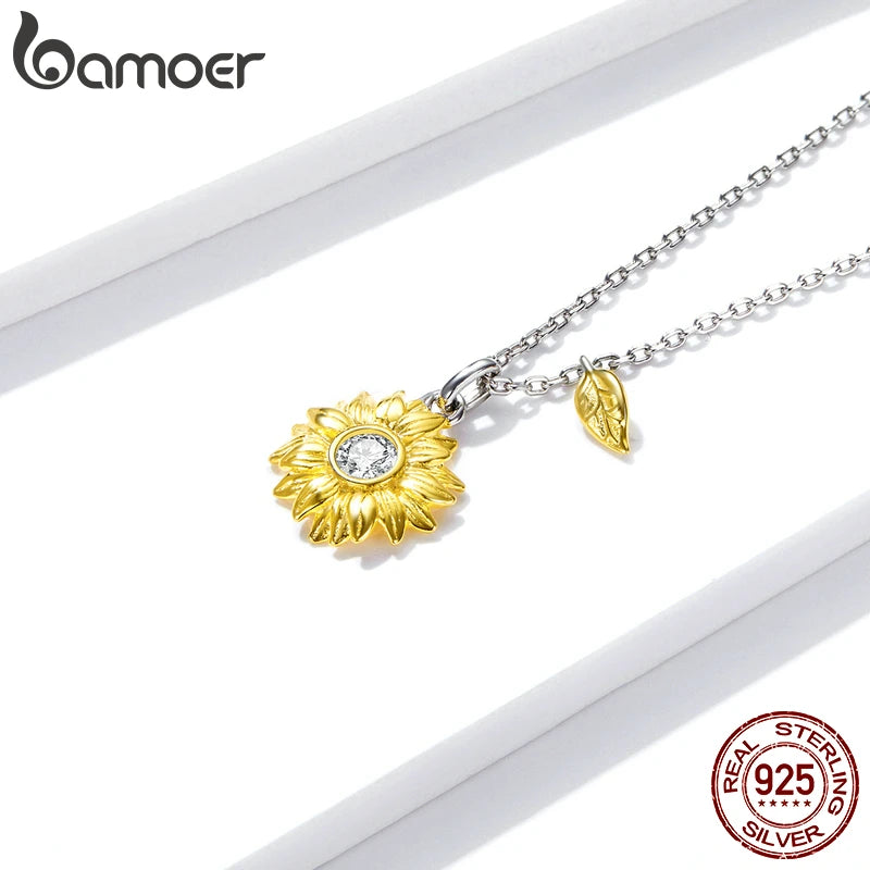 N-925 Sterling Silver Sunflower Necklace ,Gold Color Lucky Necklace Jewelry