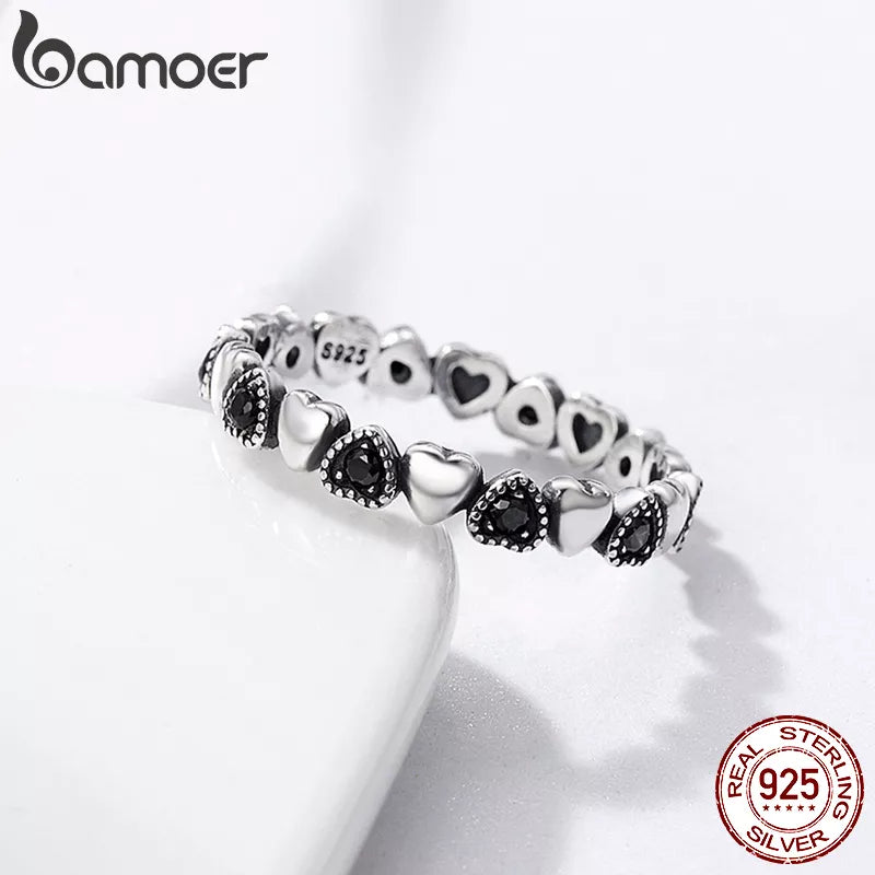 R-925 Sterling Silver Stackable Ring Heart Black CZ Finger Rings for Women Jewelry