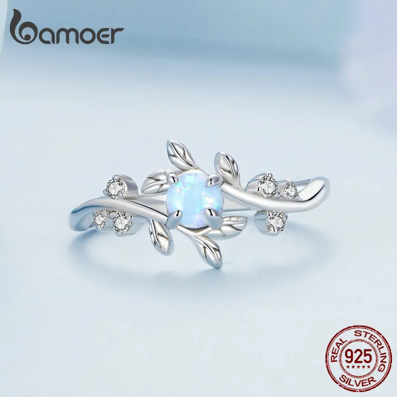 R-925 Sterling Silver Leaf Ring White Opal Rings Elegant Vine Ring for Women