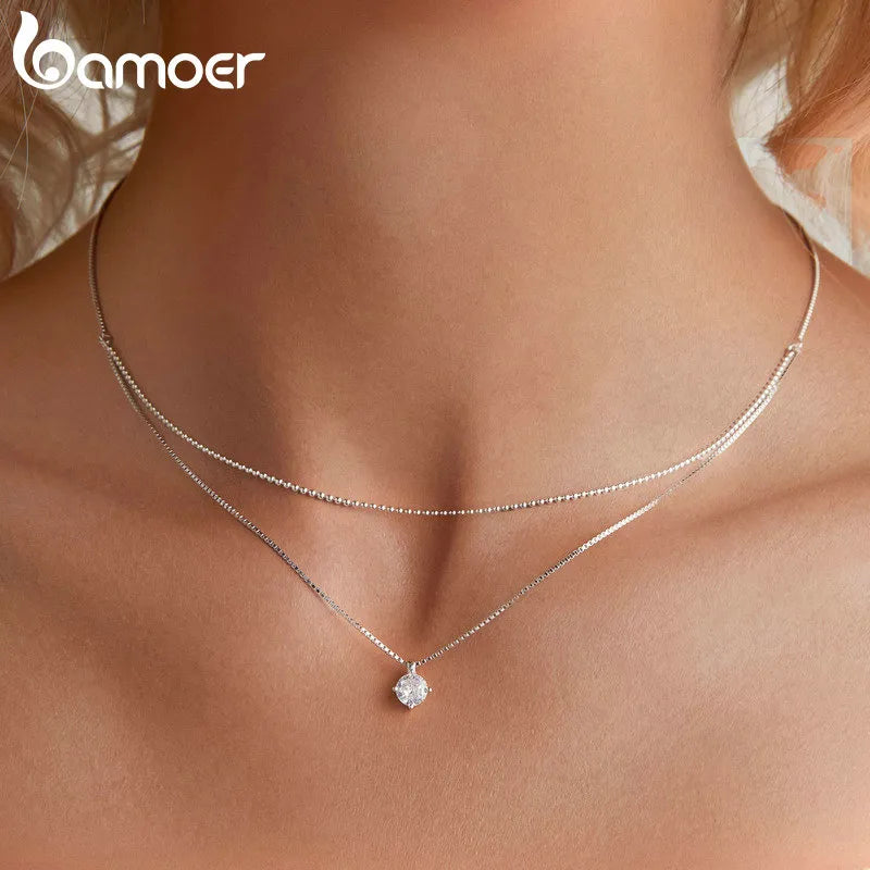 N-925 Sterling Silver Shining Zircon Pendant Necklace Double Layer Neck Chain for Women Fine Jewelry