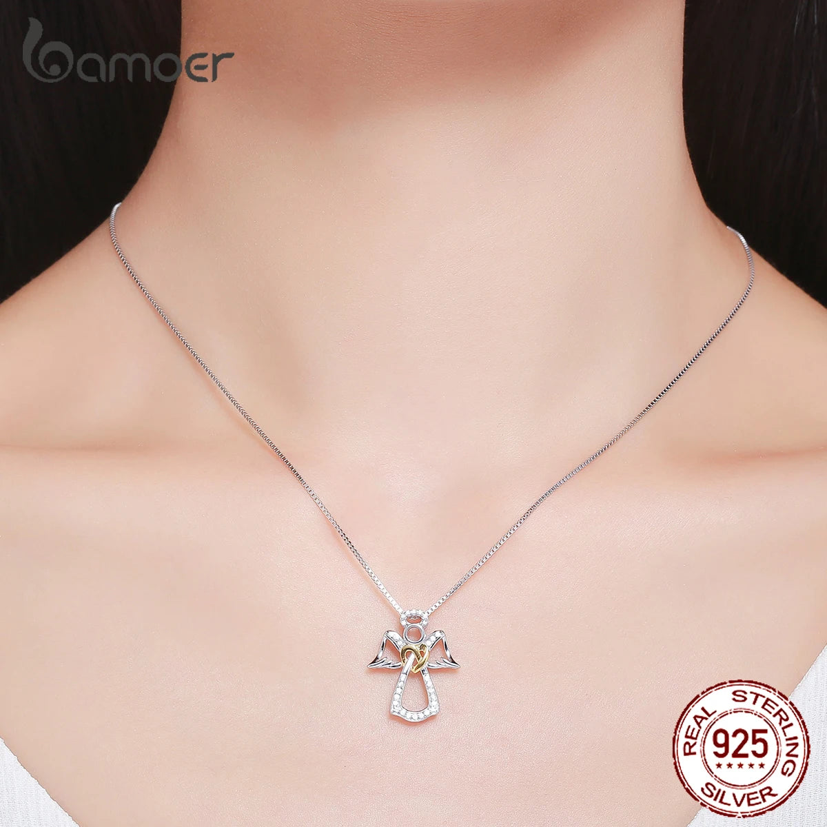 N-925 Sterling Silver Guardian Angel Pendant Necklace Angel Wing Chain for Women ,Dazzling Zircon Luxury Jewelry