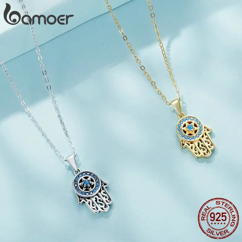 N-925 Sterling Silver Trendy Fatima's Guarding Hand Pendant Lucky Necklaces for Women Fine Jewelry