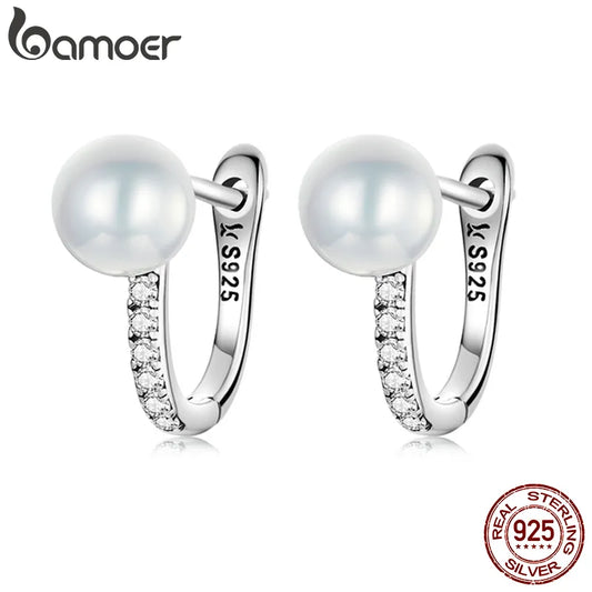 E-Luxury 925 Sterling Silver Pearls Ear Buckle Simple Crystal Heart Star Stud Earrings for Women Jewelry