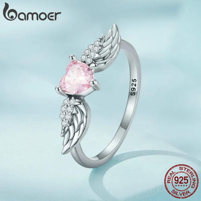 R-925 Sterling Silver Pink Heart Zircon Ring for Women Fine Jewelry Angel Wing Ring Eternity