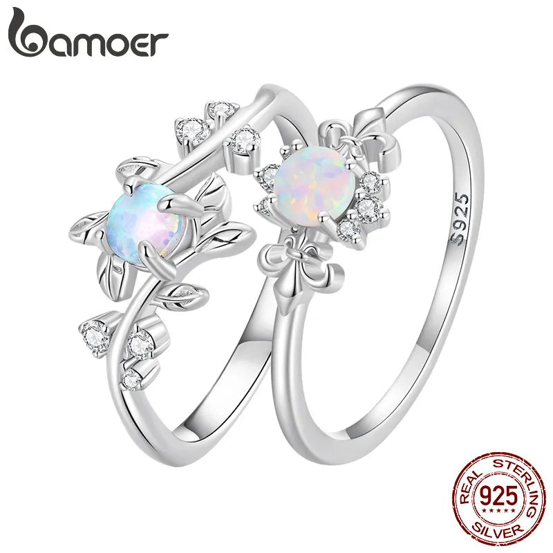 R-925 Sterling Silver Leaf Ring White Opal Rings Elegant Vine Ring for Women