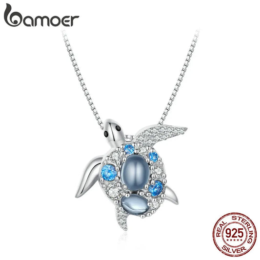 N-925 Sterling Silver Blue Spinel Sea Turtle Pendant Necklace Pave Setting CZ for Women