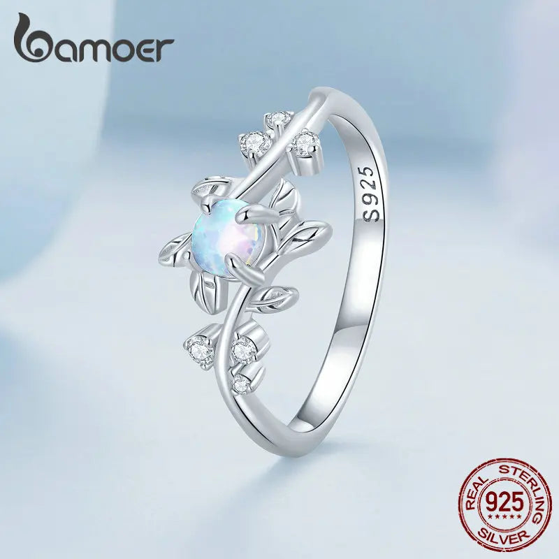 R-925 Sterling Silver Leaf Ring White Opal Rings Elegant Vine Ring for Women