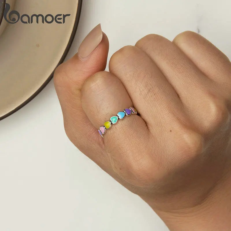 R-925 Sterling Silver Rainbow Heart Finger Ring for Women Stackable Silver Ring with Mini Hearts