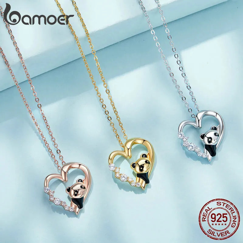 N-925 Sterling Silver Baby Panda Crystal Necklace Enamel Cute Animal Charm Chain Link for Women 17.71''