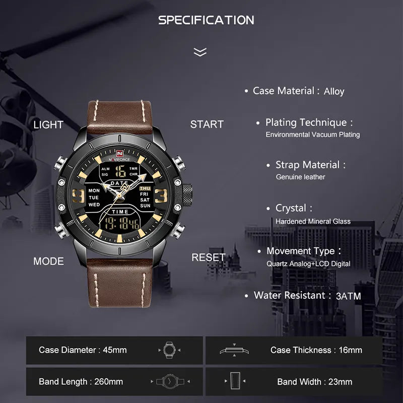 NAVIFORCE Top Luxury Leather Waterproof Dual Display