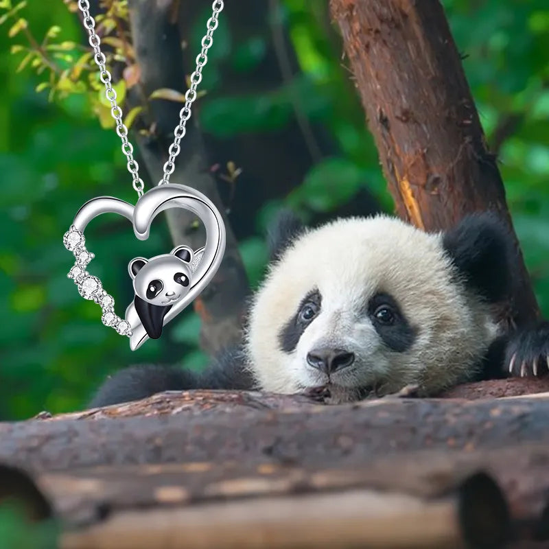 N-925 Sterling Silver Baby Panda Crystal Necklace Enamel Cute Animal Charm Chain Link for Women 17.71''