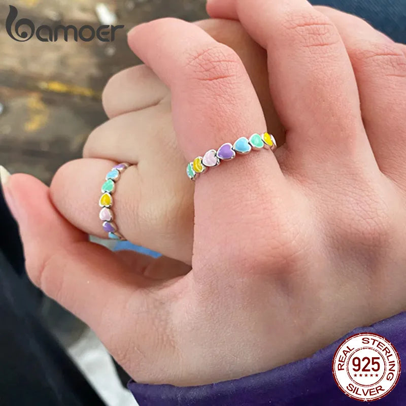 R-925 Sterling Silver Rainbow Heart Finger Ring for Women Stackable Silver Ring with Mini Hearts