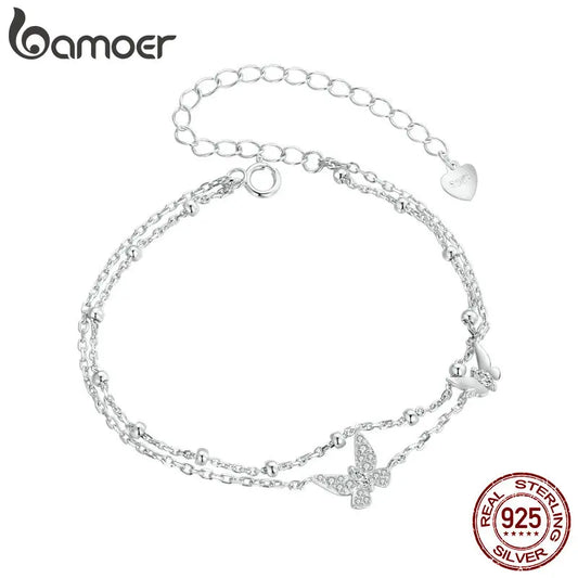 B-Woman's Double-Layer Butterfly Bracelet 925 Sterling Silver Layered Dainty Beaded Chain Adjustable 5.9"+2.3"