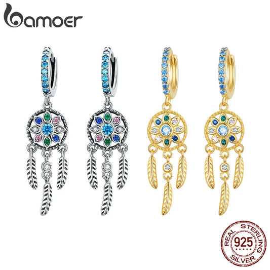 E-925 Sterling Silver Bohemia Dreamcatcher Hanging Drop Earrings for Women Jewelry