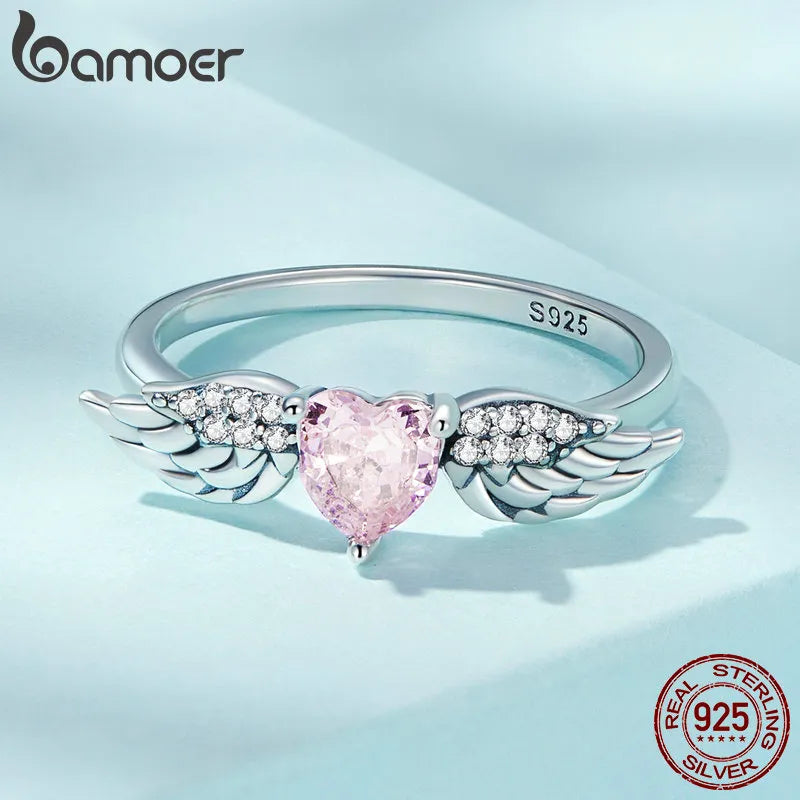 R-925 Sterling Silver Pink Heart Zircon Ring for Women Fine Jewelry Angel Wing Ring Eternity