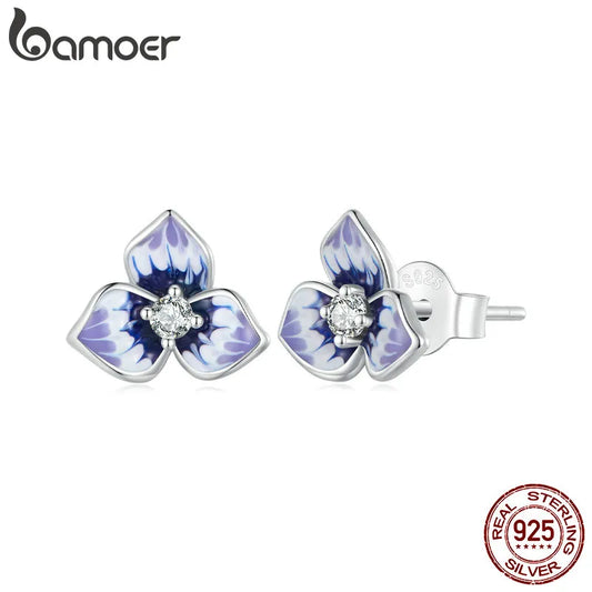 E-Purple Enamel Pansy Earrings 925 Sterling Silver CZ Flower Stud Earrings Platinum Plated for Women