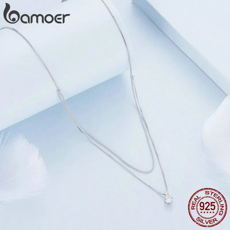 N-925 Sterling Silver Shining Zircon Pendant Necklace Double Layer Neck Chain for Women Fine Jewelry