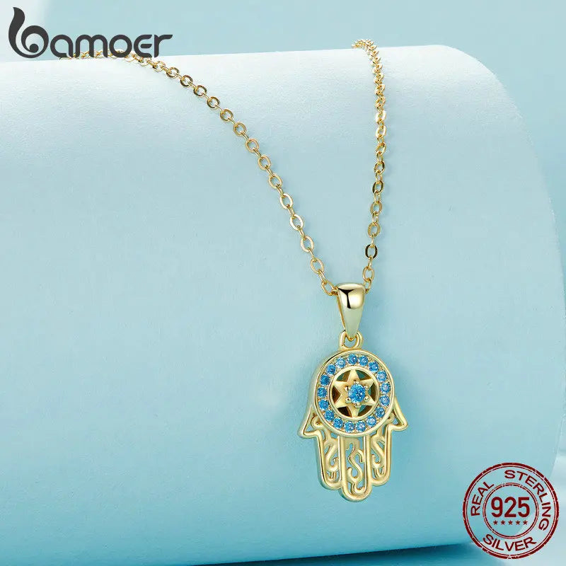 N-925 Sterling Silver Trendy Fatima's Guarding Hand Pendant Lucky Necklaces for Women Fine Jewelry