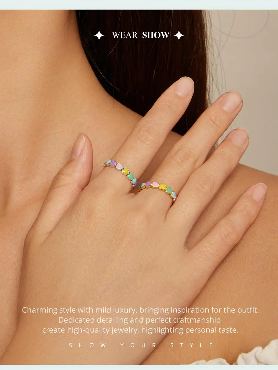 R-925 Sterling Silver Rainbow Heart Finger Ring for Women Stackable Silver Ring with Mini Hearts