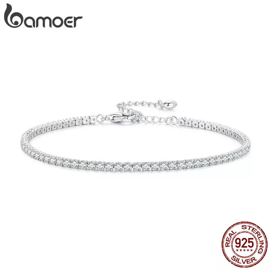 B-925 Sterling Silver Women Adjustable Tennis Bracelet - Platinum Plated Clear 3mm Cubic Zirconia