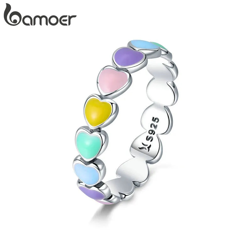 R-925 Sterling Silver Rainbow Heart Finger Ring for Women Stackable Silver Ring with Mini Hearts