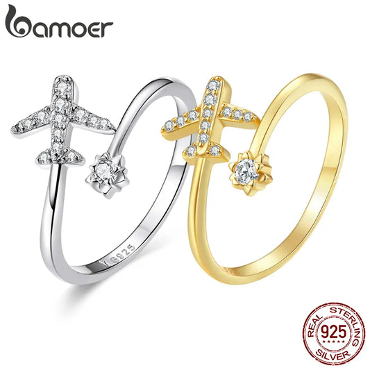 R-925 Sterling Silver Flying Plane Open Finger Rings for Women Clear CZ Adjustable Rings Fine Jewelry